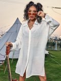 Solid Color Cotton Long-Sleeved Shirt Beach Cover-Up Holidays Sunscreen Shirt