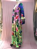 Women summer printed gradient ruffled v-neck sexy Maxi dress