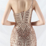 Sexy One Shoulder Sequins Mesh Patchwork Evening Dress