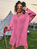 Solid Color Cotton Long-Sleeved Shirt Beach Cover-Up Holidays Sunscreen Shirt