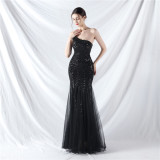 Sexy One Shoulder Sequins Mesh Patchwork Evening Dress