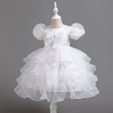 Girls' bow puff sleeve princess dress Cascading Ruffles Dress