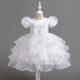 Girls' bow puff sleeve princess dress Cascading Ruffles Dress
