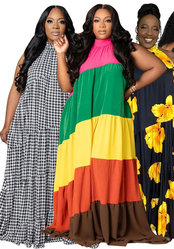 Plus Size Women Patchwork Contrast Maxi Dress