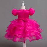 Girls' bow puff sleeve princess dress Cascading Ruffles Dress