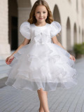 Girls' bow puff sleeve princess dress Cascading Ruffles Dress