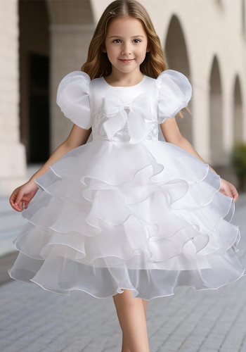 Girls' bow puff sleeve princess dress Cascading Ruffles Dress