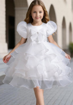 Girls' bow puff sleeve princess dress Cascading Ruffles Dress Girls' bow puff sleeve princess dress Cascading Ruffles Dress
