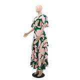 Women Casual Dress V-Neck Button Design Irregular Cascading Ruffles Dress