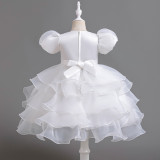 Girls' bow puff sleeve princess dress Cascading Ruffles Dress