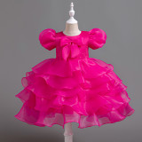 Girls' bow puff sleeve princess dress Cascading Ruffles Dress