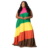 Plus Size Women Patchwork Contrast Maxi Dress