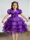 Girls' bow puff sleeve princess dress Cascading Ruffles Dress