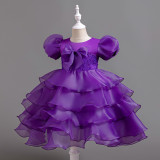 Girls' bow puff sleeve princess dress Cascading Ruffles Dress