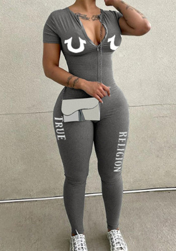 Fashion Women's Letter Print Short Sleeve Zipper Slim Fit Jumpsuit