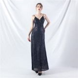 Elegant Strap V-Neck Sequined Evening Dress