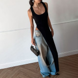 Women's Summer Fashion Style Slim Wide Strap U Neck Slit Long Dress