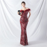 Fishbone Slim Waist Off Shoulder Feather Sequined Evening Dress