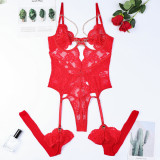Women's Red Lace Sexy Deep V Metal Chain Hollow Sexy One-Piece Bodysuit Lingerie