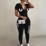 Fashion Women's Letter Print Short Sleeve Zipper Slim Fit Jumpsuit