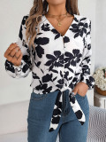 Autumn Winter Casual Contrast Flower Lantern Sleeve Tie Women's Chiffon Top