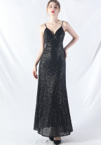 Elegant Strap V-Neck Sequined Evening Dress