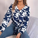 Autumn Winter Casual Contrast Flower Lantern Sleeve Tie Women's Chiffon Top