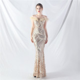 Fishbone Slim Waist Off Shoulder Feather Sequined Evening Dress