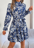 Autumn Winter Elegant Stand Collar Flower Slim Waist Long Sleeve Ruffle Women's A-Line Dress