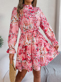 Autumn Winter Elegant Stand Collar Flower Slim Waist Long Sleeve Ruffle Women's A-Line Dress