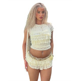Summer Fashion Chic Sweet Solid Color Hollow Slim Pleated Two Piece Shorts Set For Women