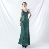 Elegant Strap V-Neck Sequined Evening Dress
