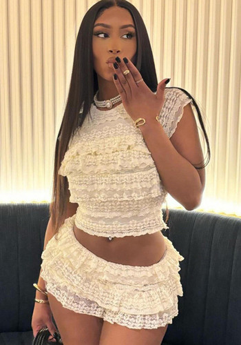 Summer Fashion Chic Sweet Solid Color Hollow Slim Pleated Two Piece Shorts Set For Women