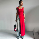 Women's Summer Fashion Style Slim Wide Strap U Neck Slit Long Dress