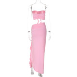 Women's Summer Fashion Sexy Strapless Slim Flower Pleated Split Tie Two Piece Skirt Set