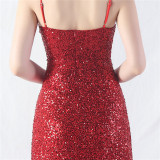 Elegant Strap V-Neck Sequined Evening Dress