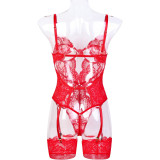 Women's Red Lace Sexy Deep V Metal Chain Hollow Sexy One-Piece Bodysuit Lingerie