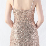 Elegant Strap V-Neck Sequined Evening Dress