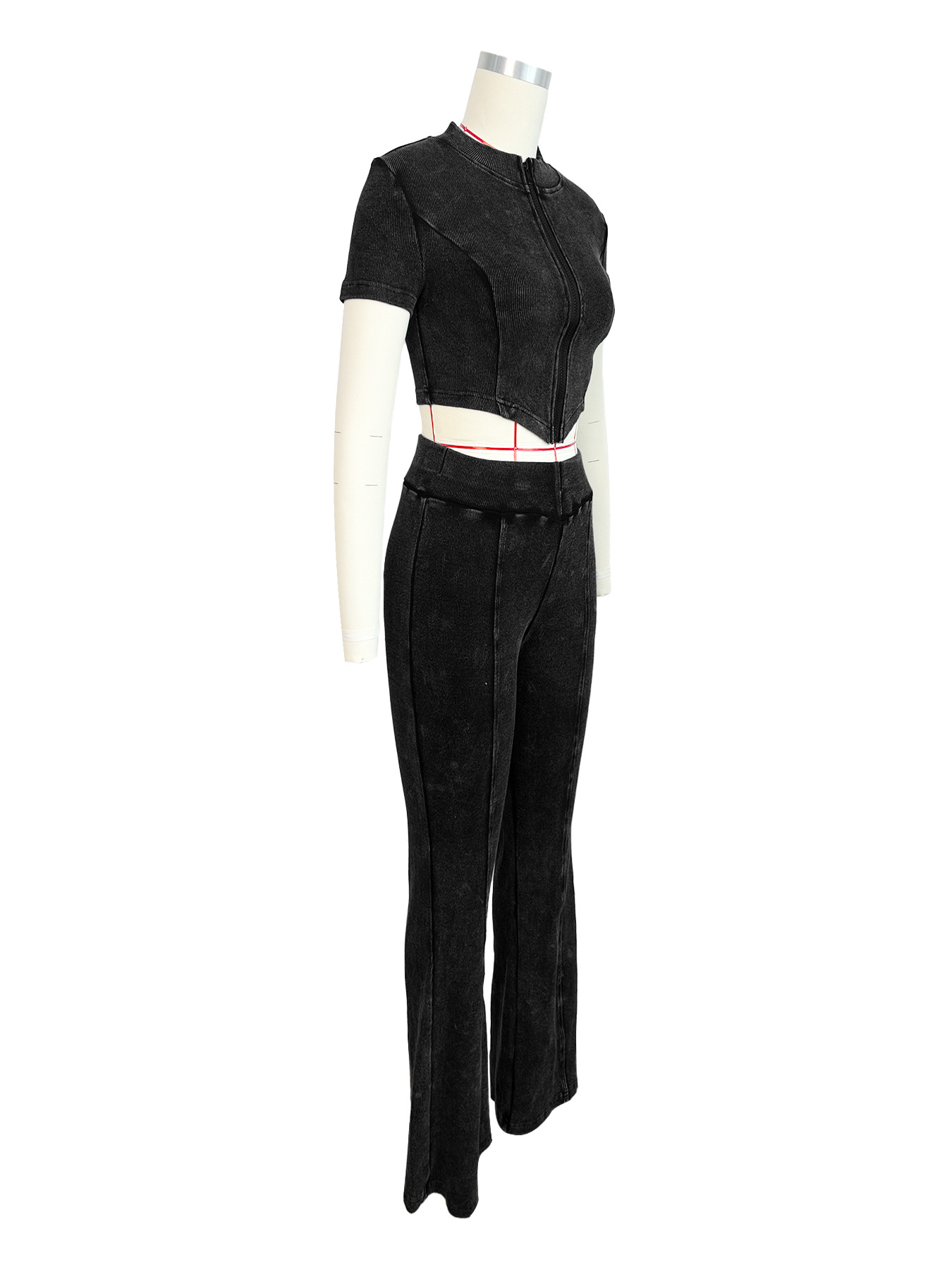 Women's Clothing Ribbed V-Hem Short Sleeve Top Bell Bottom Pants Two Piece Set