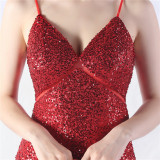 Elegant Strap V-Neck Sequined Evening Dress