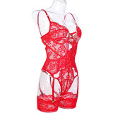Women's Red Lace Sexy Deep V Metal Chain Hollow Sexy One-Piece Bodysuit Lingerie
