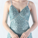 Elegant Strap V-Neck Sequined Evening Dress