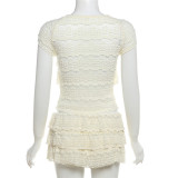 Summer Fashion Chic Sweet Solid Color Hollow Slim Pleated Two Piece Shorts Set For Women