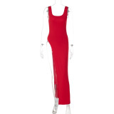Women's Summer Fashion Style Slim Wide Strap U Neck Slit Long Dress