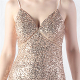 Elegant Strap V-Neck Sequined Evening Dress