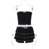 Women's Summer Fashion Sexy Strapless Top Pleated Cake Short Two Piece Set