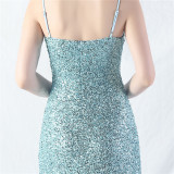 Elegant Strap V-Neck Sequined Evening Dress