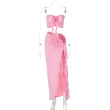 Women's Summer Fashion Sexy Strapless Slim Flower Pleated Split Tie Two Piece Skirt Set