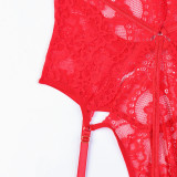 Women's Red Lace Sexy Deep V Metal Chain Hollow Sexy One-Piece Bodysuit Lingerie