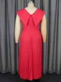 Spring Summer Chic Turndown Collar V-Neck Red Pleated Elegant Dress